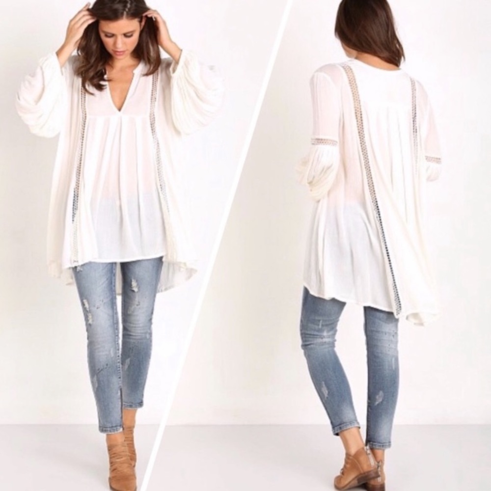 Free People Just the Two of Us Babydoll Lace Swing Tunic Sheer Ivory S